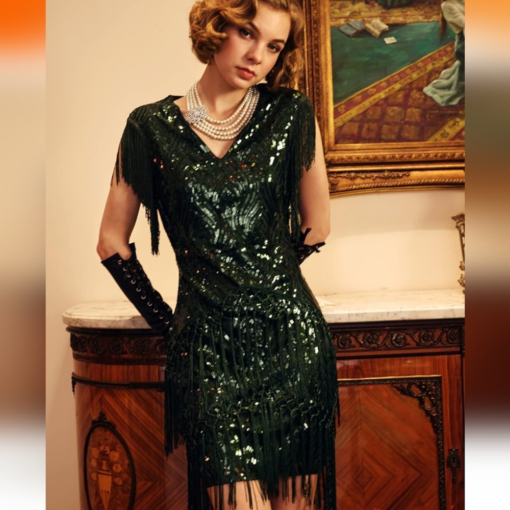 BABEYOND 1920s Flapper Dress Long Fringed,  Large